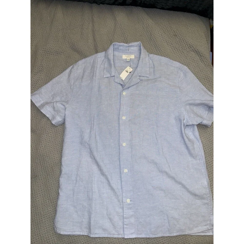 Banana Republic Linen Blend Button Down Camp Collar Shirt Light Blue Size L